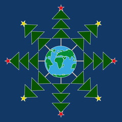 Abstract Snowflake Christmas Trees around the Earth. Planet. Dark blue background. 