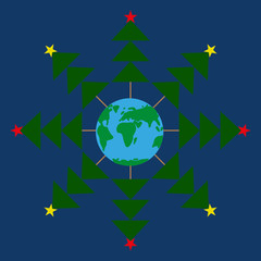 Snowflake Christmas Trees around the Earth. Dark blue background vector. Abstract snowflake Planet. 