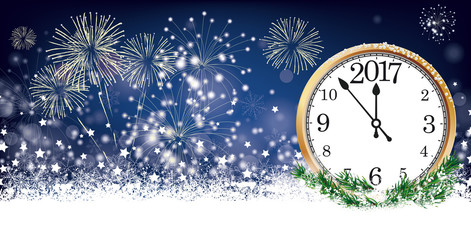 Fototapeta na wymiar Silvester Card Clock 2017 Header Snowflakes Stars Fireworks