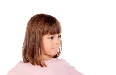 Fototapeta premium Pensive small girl with pink t-shirt