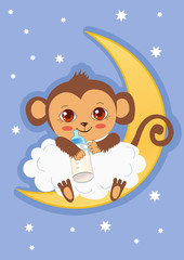 Cute Baby Monkey On The Moon Holding A Bottle Of Milk. Cartoon Vector Card. Baby Monkey For Sale. Baby Monkey Costume. Baby Monkey Doll. Baby Monkey Plush. Baby Monkey Mascot.