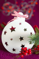 New Year's Christmas wooden toys on the decorated tree bokeh background . Postcards.
