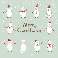 Funny snowman / Christmas Vector illustration, postcard - snowman lifestyle