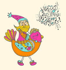 Funny rooster and Santa Claus illustration
