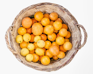 Basket filled with oranges and lemons on a white background