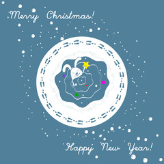 Christmas card with bunny trying to put the star on the Christmas tree. Happy New Year celebrtion. Footprints and snow around the rabbit. Vector.