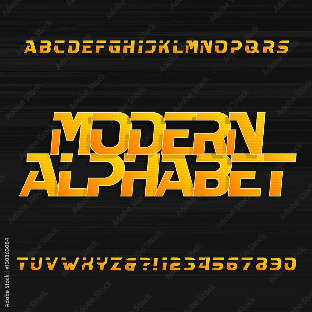 Poster modern alphabet vector font. oblique type letters and numbers. yellow color on a dark background. ve