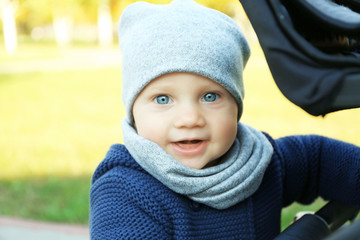 Close up view of cute little baby outdoors