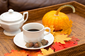 Coffee Cup, Sugar Bowl, Pumpkin, and Fall Leaves 