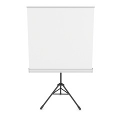 Blank Roll Up Expo Banner Stand on Tripod. Trade show booth white and blank. 3d render illustration isolated on white background. Template mockup for your expo design.