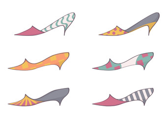 Set of trendy, colorful stilettos for women. Fashionable collection of female high heels shoes, vector illustration, isolated on white background.