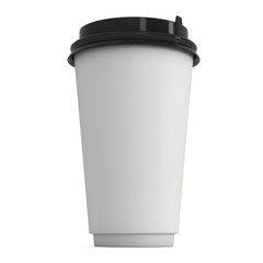 Disposable coffee cup. Blank paper mug with black plastic cap. 3d render isolated on white background