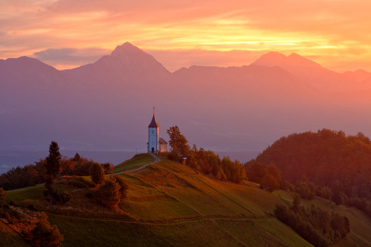 St. Primoz church in Yamnik at sunrise, Slovenia