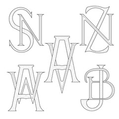 Set of elegant monograms with two letters. SN ZN AV AW JB. Monogram logo identity for author, photographer, restaurant, hotel, heraldic, jewelry.