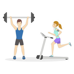 Fototapeta premium Isolated sport couple on white. Man with heavy weights and woman running on the treadmill.