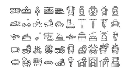Transportation icons set on white. All kinds of vehicles as bus, train, bycicle and more.