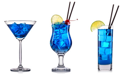 Blue cocktail in glass isolated on white background.