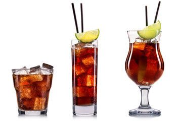 soda juice with ice cubes and lime isolated on white background