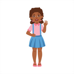 Black Teenage Girl Waving, Part Of Growing Stages With Kids In Different Age Vector Set