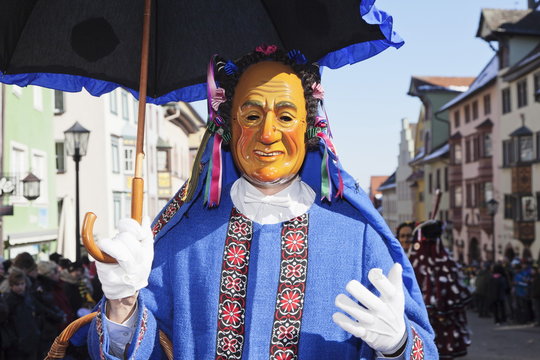 Man in traditional costume (Schantle), Narrensprung, traditional carnival, Rottweiler Fasnet, Rottweil, Black Forest, Baden Wurttemberg, Germany 