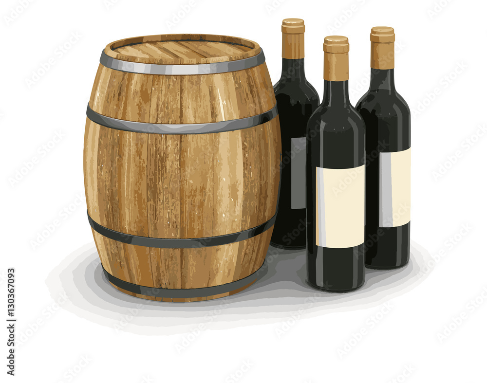 Poster wine barrel and bottles. image with clipping path