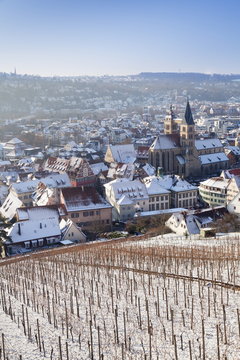 High angle view of the old town of Esslingen in winter, Baden Wurttemberg, Germany 