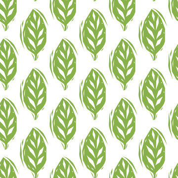 Green And White Linocut Leaves Seamless Pattern, Vector