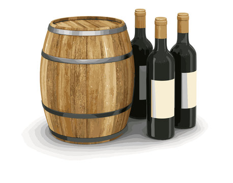 wine barrel and bottles. Image with clipping path