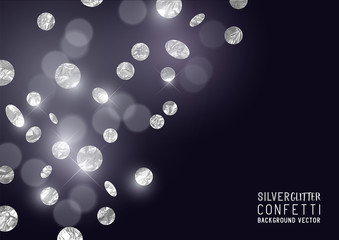 A luxury background design with falling glitter and sparkling metallic silver confetti. Vector illustration.