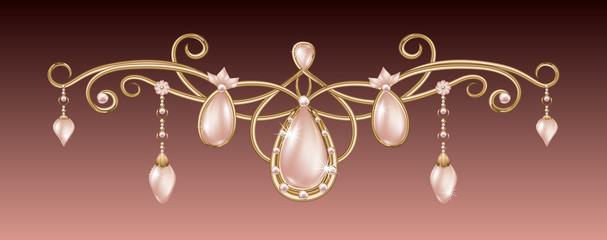 Gold pendant with pink diadem with pearls  Festive jewelery with diamonds © lyotta