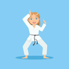 Girl In White Kimono Demontrating Starting Stance On Karate Martial Art Sports Training Cute Smiling Cartoon Character