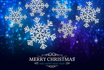 Fototapeta na wymiar Christmas banner silver snowflakes on a blue background
