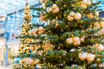 Obraz na płótnie Canvas Festive golden Christmas trees in a shopping mall