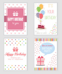 happy birthday, holiday, greeting and invitation card. there are typography, gift boxes, confetti, cake and teddy bear. layout template in A4 size. vector illustration