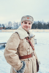 Red Army man in a sheepskin coat and fur hat