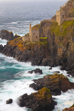 Abandoned Tin Mine near Botallack, and rocky coast, Cornwall 