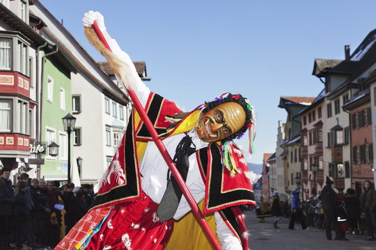 Man in traditional costume (Federahannes), Narrensprung, traditional carnival, Rottweiler Fasnet, Rottweil, Black Forest, Baden Wurttemberg, Germany 