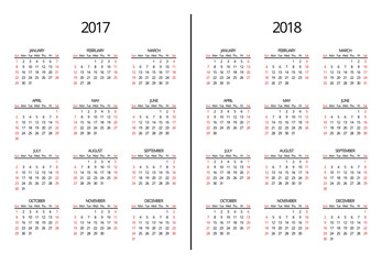 Vector 2017 year and 2018 calendar page. Simple monthly