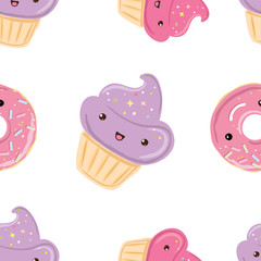 Seamless pattern with sweets - donuts, cupcakes isolated on white background.