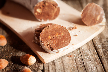 Delicious sliced chocolate sausage