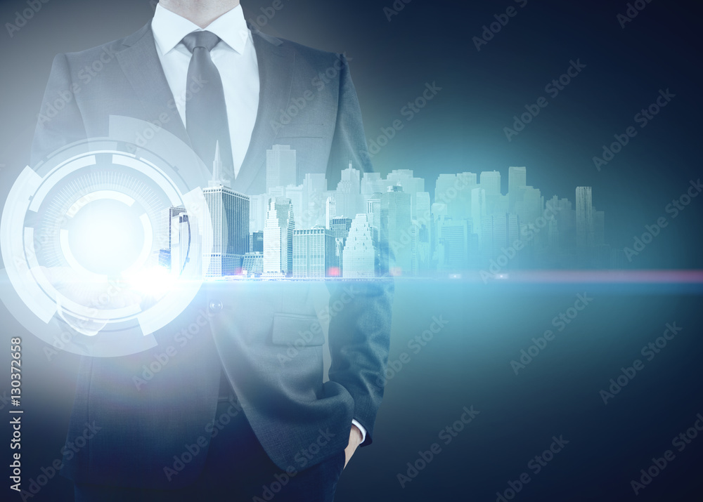 Poster man holding digital button