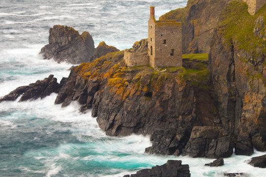 Abandoned Tin Mine near Botallack, and rocky coast, Cornwall 