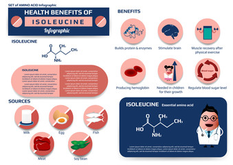 Health benefits of isoleucine (essential amino acid) infographic,supplement and nutrition vector illustration