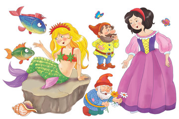 Obraz na płótnie Canvas Set of fairy tale characters isolated on white. The mermaid, Snow White, fish, dwarfs. 