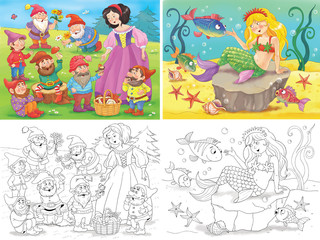 Obraz na płótnie Canvas Fairy tale. Coloring page. The Snow White and seven dwarfs. The mermaid. Coloring page