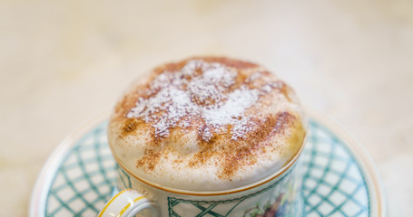 Latte Coffee art on the wooden table