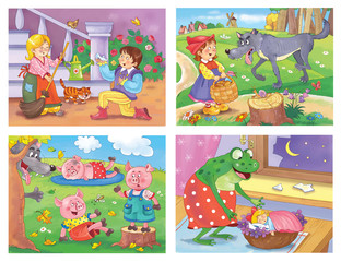 Fototapeta premium Collection of fairy tale illustrations. The frog prince. Mermaid. The Snow White and seven dwarfs. The Snow Queen