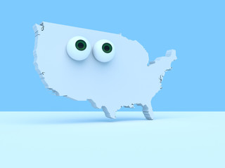 Cartoon Country Map USA With Big Eyes, 3d illustration