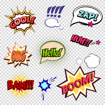 Collection of nine multicolored comic sound Effects a transparent background in pop art vector style. Sound bubble speech with word and comic cartoon expression sounds illustration