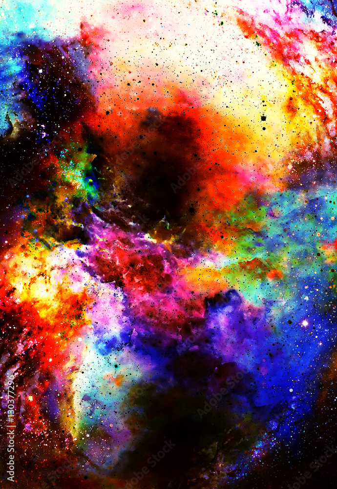 Poster cosmic space and stars, color cosmic abstract background. fire effect in space.